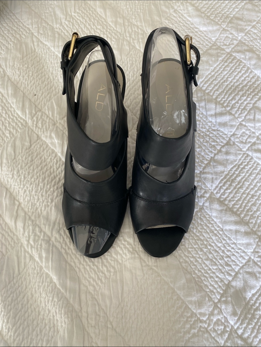 Aldo Black Open-Toe Slingback Heels with Gold Buckles